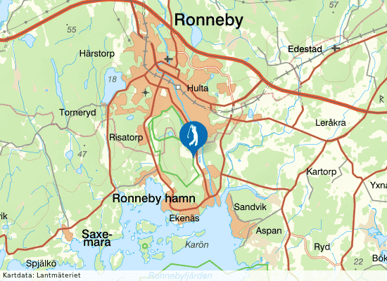 Karta över området runt Ronneby Golfklubb